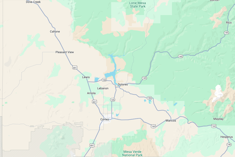 Map of Cortez area including Dolores, Mancos and surrounding regions